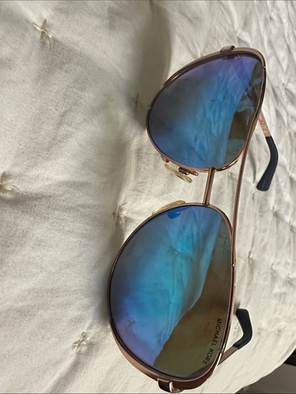 Michael Kors Rose Gold Aviator Sunglasses with Blue Mirrored Lenses